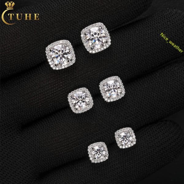 Pass Diamond Tester Moissanite Cube Halo Stud Earrings Luxury 18K White Gold 925 Sterling Silver VVS Mossanite Ear Stud for Men