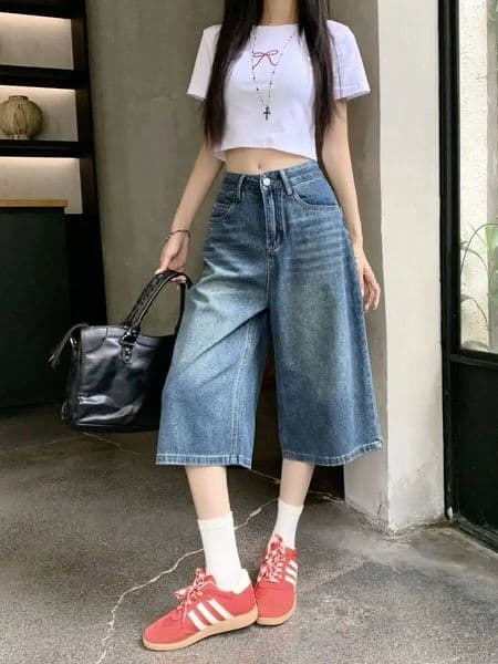 Summer American Style Vintage Women Baggy Jeans Y2k Loose Washed High Waist Knee Length Denim Pants Streetwear Wide Leg Shorts dongdumaoyi