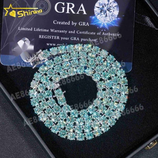 Pass Diamond Tester 925 Silver Gold Plated 3mm 4mm 5mm Iced Out VVS Blue-green Color Moissanie Tennis Chain Necklace