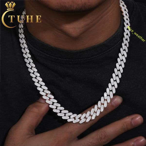 Fashion Rappers Jewelry Prong Setting VVS Moissanite Diamond Iced Out 12mm Cuban Link Chain 925 Sterling Silver Necklace Jewelry
