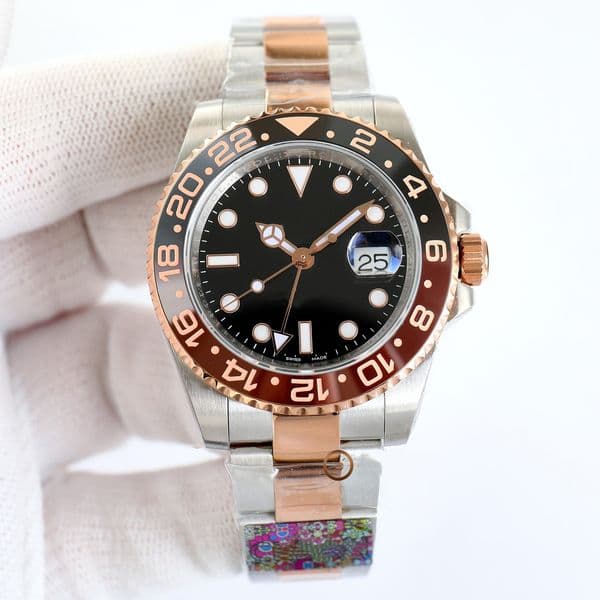 High Precision Self-winding Men Watch 40mm Two Tone Gold Steel GMT Dual Time Watch Brown Bezel Black Dial Clean Manufacture Movement Travel Casual Wristwatch