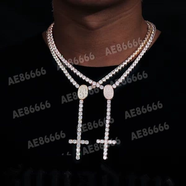 New Fashion 925 Sterling Silver Gold Plated Flower Shape Cross Pendant Necklace 5mm Moissanite Diamond Chain Hip Hop Punk