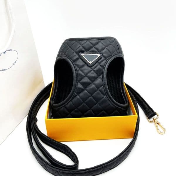 Designer Leash Set, Adjustable PU Leather Step-in Dog Harness with Classic Letter Pattern
