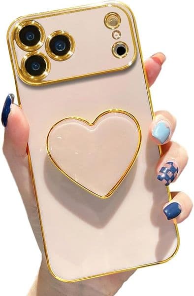 CAD Case for iPhone 17 Pro Max Pink Soft Plating TPU Shockproof Protective Cover with Stand, Luxury Bumper Love Heart Holder Kickstand Phone Case for Girls Women