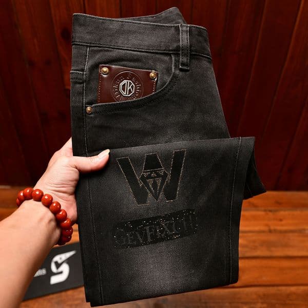 Trendy Brand Printed Rhinestone Designer Jeans Luxury Men's Slim Fit Small Leg Pants Cool Korean Version Elastic Pants Business Versatile Casual Pants