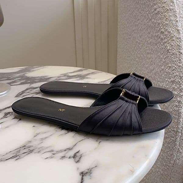 Ladies Casual Smooth Leather BABYLONE Slides classic almond peep toe flat slide sandals Womens Summer leather sole Beach sandals slippers