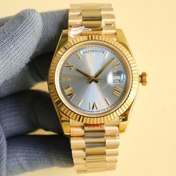 High Precision Self-winding Men Watch 40mm All Gold Steel Day Date Calendar 2836 Movement Roman Mark Noble Business Casual Wristwatch