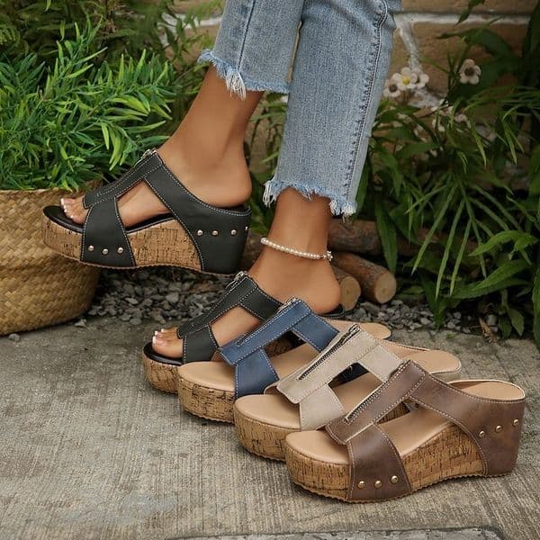 Exclusive for cross-border sales: Bohemian style wedge cork wood grain zipper high-heeled sandals, large sizes 35-43