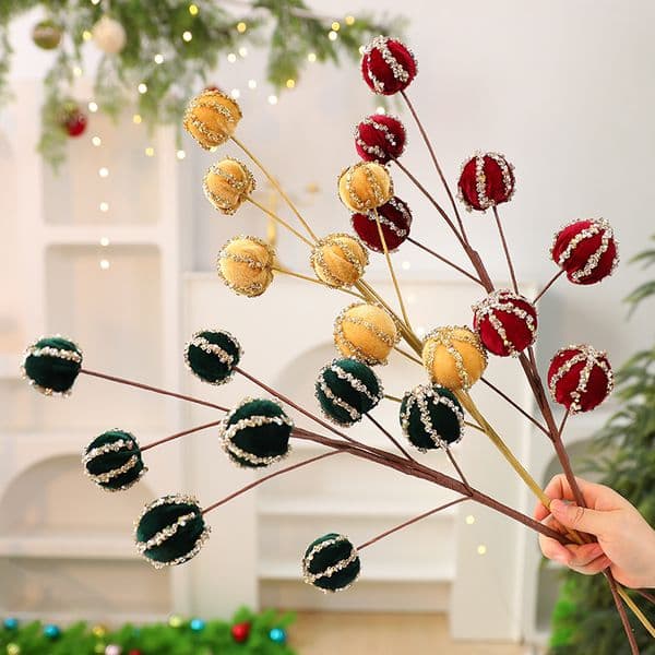 New Christmas Flocked Ball Picks Artificial Berry Ball Stems for Christmas Scene Layout Christmas Tree Decoration