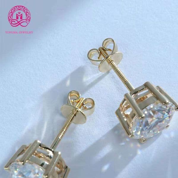 GRA Certified VVS Round Shape 0.5ct/1ct/ 2ct Stud 14K Yellow Gold Screw Back Moissanite Earrings for Women