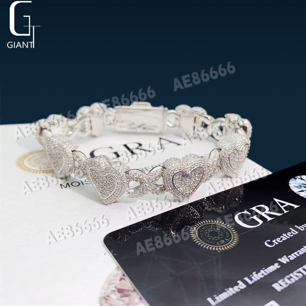 Iced Out Heart Shape Moissanite Cuban Link Bracelet, 925 Sterling Silver VVS GRA Certified Pass Diamond Test Hip Hop Bling Jewelry Best Gift For Men Women