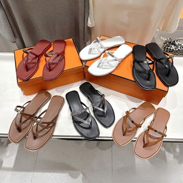 Designer Shoes Women's HH Luxury Style Flat Leather Flip Flops - Square Toe Metal Buckle Summer Beach Sandals, Casual Outdoor Slippers for Ladies, Plus Size 35-42
