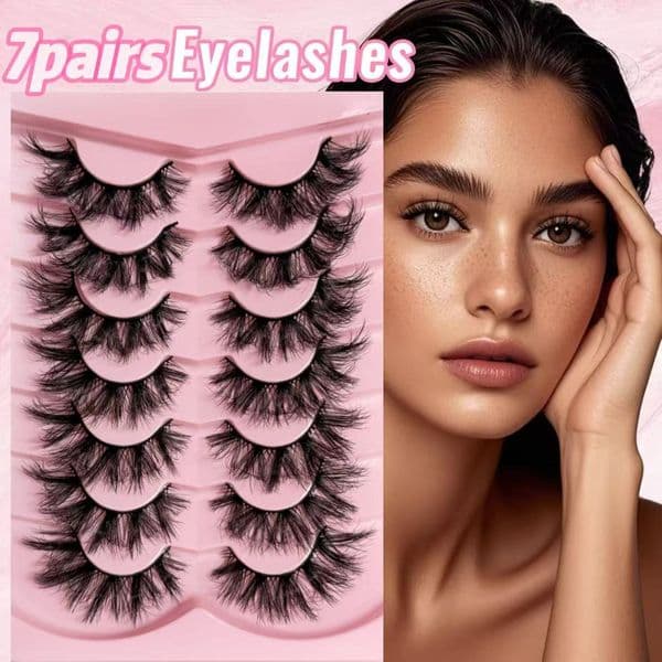 Thick Fluffy False Eyelashes - 7 Pairs 3D Faux Mink Lashes Strip Natural Look, Natural Volume Eyelash Extensions with Wispy Finish and Lightweight