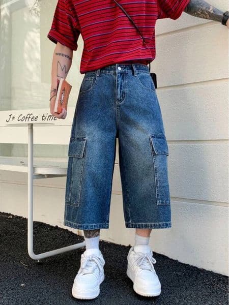 Men Retro American Cargo Jeans Shorts Washed Gradient Loose Wide Leg 3/4 Length Summer Fashion Multi-Pocket Street Capri Pants dongdumaoyi