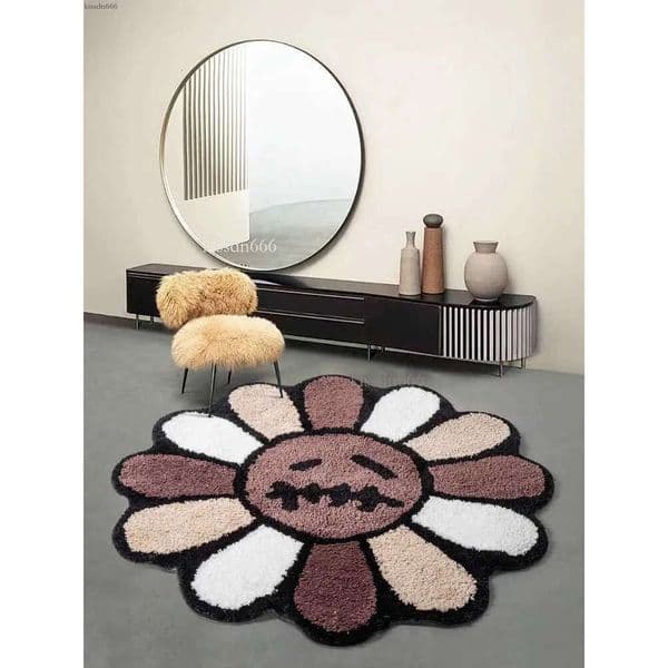 Smiling face tufted carpet flower art carpet bedroom living room retro rainbow fluffy bathroom smiling foot mat anti slip floor mat
