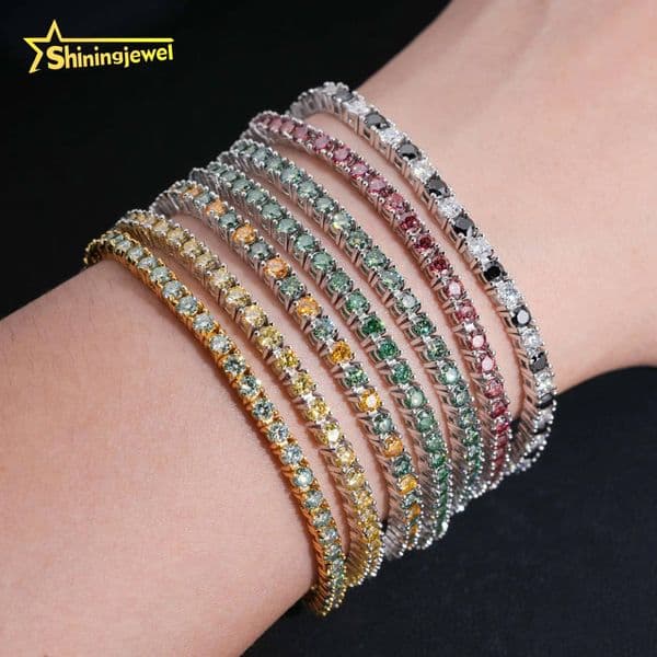 Hip Hop Jewelry 3MM Color Moissanite Diamond Tennis Bracelet 925 Silver Iced Out Moissanite Diamond Pass Diamond Tester