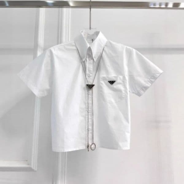 Womens Casual Fashion Triangle Logo Short Sleeve Shirt Designer Cotton White Top Summer Women's Blouses