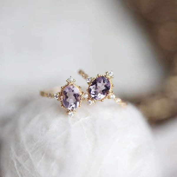 New Starry Sky Purple Diamond Vintage Princess Style Dreamy Lavender Natural Amethyst Open Ring for Women Elegant and Versatile