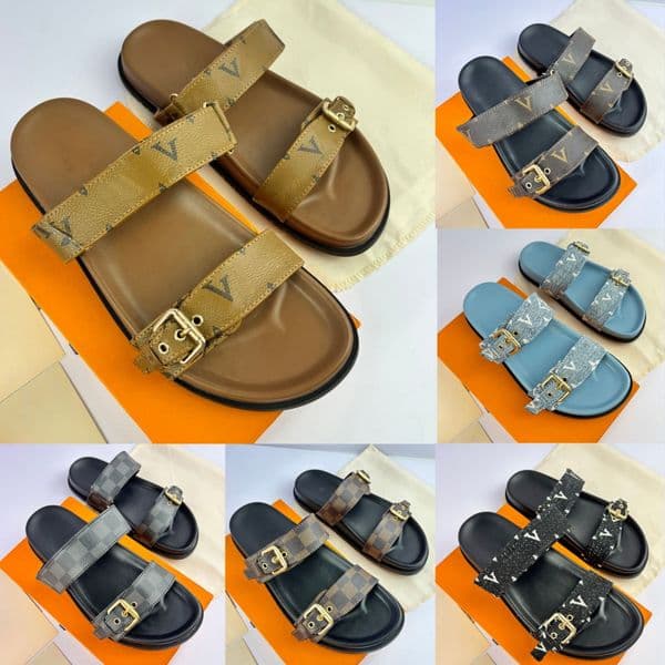 Top Quality Designer Women Men Double Buckle Slide Sandals Monogram Denim Flat Slippers Fashion Adjustable Strap Casual Summer Beach Sandal Men Flat Non Slip Slides