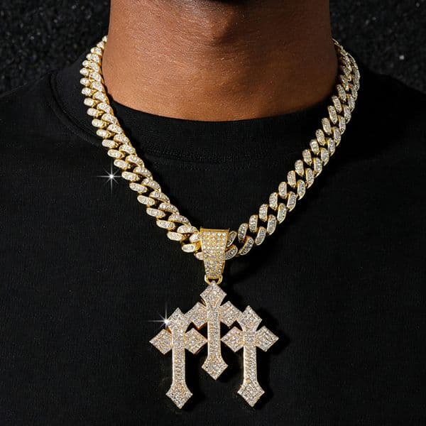 Full Diamond Bling Three Cross Pendant Necklace Choker Slides With Cuban Link Chain Hip Hop Punk Rock Miami Chunky 3 Crosses Jewelry Collar Bijoux Gifts For Men