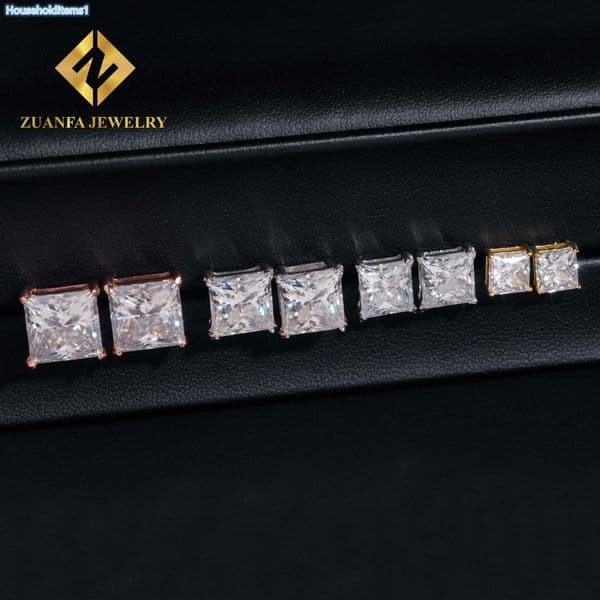 Hot Sale Princess Cut Moissanite 925 Silver Sterling Gold Plated Pass Diamond Tester Moissanite Earring