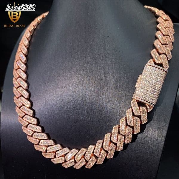 Hip Hop Rapper Chains 18MM Baguette Cut Moissanite 925 Silver Rose Gold Men Cuban Chain Pass Diamond Test Moissanite Cuban Link
