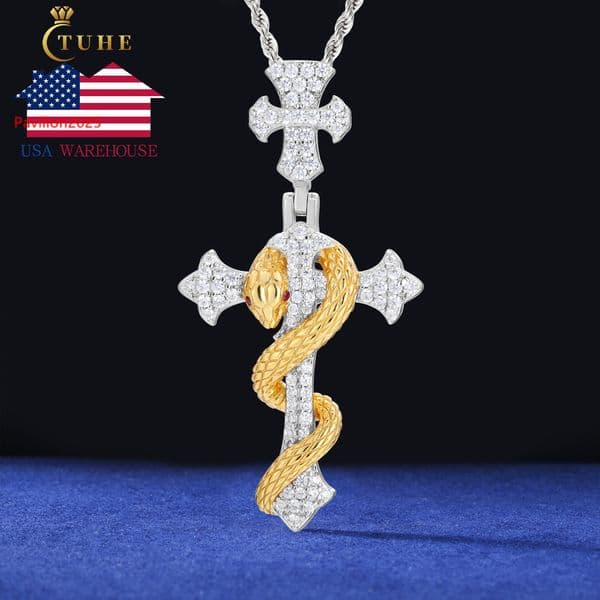 USA Warehouse Fine Hip Hop Jewelry White Gold 925 Sterling Silver VVS Moissanite Diamond Snake Cross Pendant for Men Women