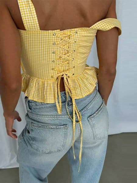 Sexy Women's Plaid Sling Slim Bandage V-neck Sleeveless Ruffles Yellow Party Vests 2026 Summer Lady All-match Tops New dongdumaoyi