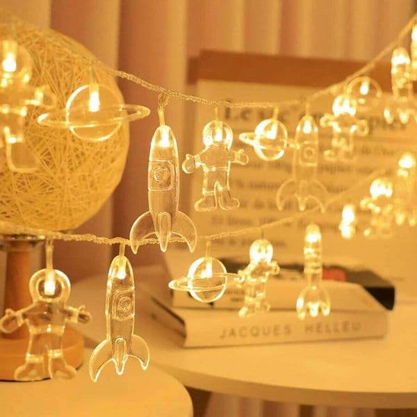 1Pc Spaceman Rocket Planet String 20LED, Battery Powered Warm White Fairy Lights for Kids Bedroom Decor