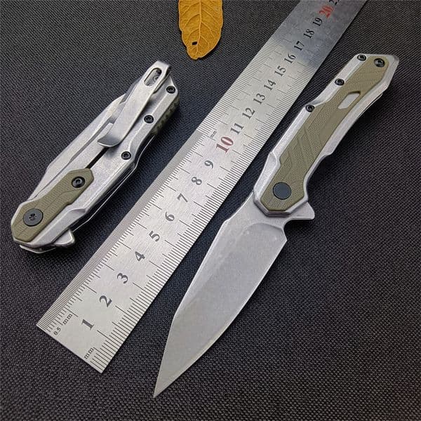 New KS 1369 Folding Pocket Knife Assisted Flipper 2.95 Inch 8Cr13Mov Stonewashed Clip Point Blade G10 Handle for Camping EDC