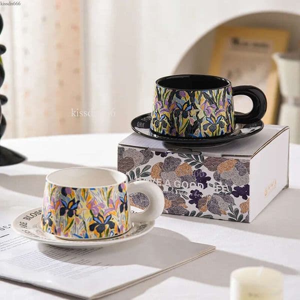 Hand drawn tea cup set, vintage French coffee cup stew pot set, reusable for family gatherings, morning tea cup set, gift