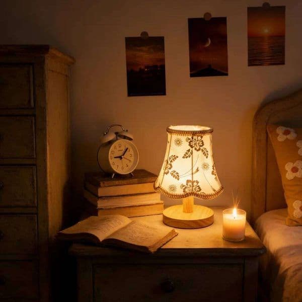 1PC Rustic Floral Fabric Shade Lamp Wooden Base Nightlight for Living Room