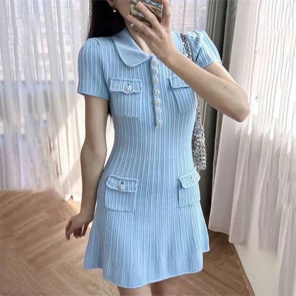 2025 Spring/Summer New Polo Neck Short Sleeve Knitted Dress Y2K Fashion Commuter Elastic Slim Fit Multi Pocket Wrapped Hip Skirt dongdumaoyi