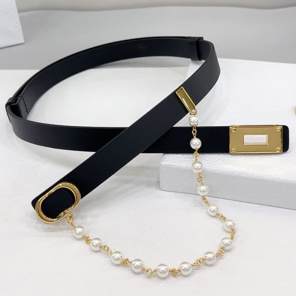20MM designer belt for women made calfskin pearl chain belt Gold plated stainless steel never fade top quality premium gift 005A