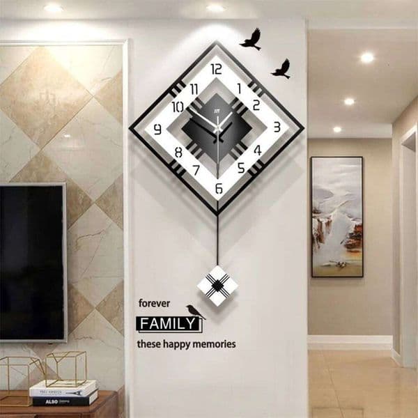 Modern Diamond Shape Wall with Swing Pendulum - Silent Decor Clock for Home Living Room & Bedroom Office