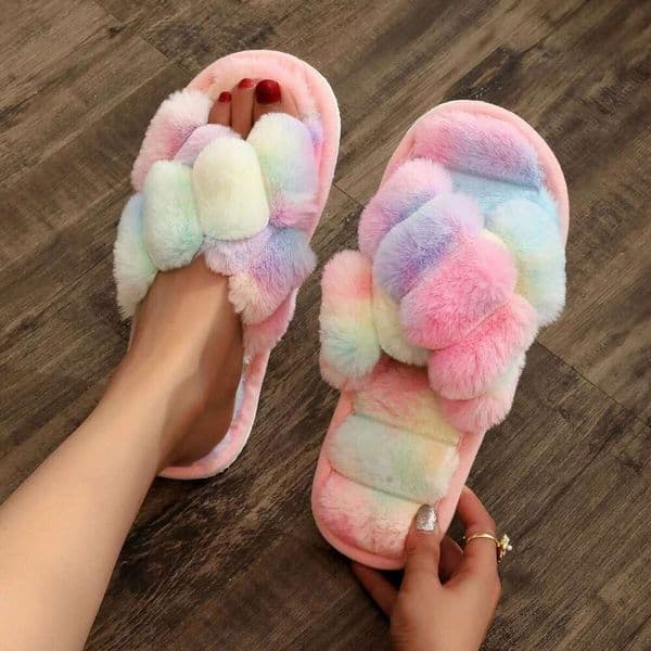 Cross-Border Hot-Selling Cross-Strap Furry Plush for Women, Autumn Winter Open-Toe Outdoor and Indoor Cotton Slippers, Fashionable Women's Slippers