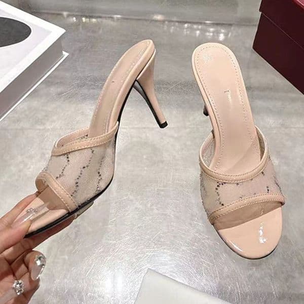 Womens crystal slide sandals luxury beautiful iconic crystal mesh dinner party Elegant high heels sandals fashion Light pink Mid heel sandals mules