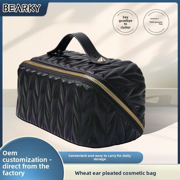 Cross-border bestseller PU high aesthetic value, large capacity, fashionable travel toiletry bag, solid color wheat ear pleated makeup bag
