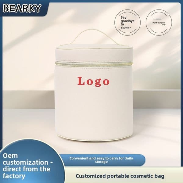 Elegant ivory white portable cylindrical makeup large-capacity hand-held PU bucket bag, toiletry bag