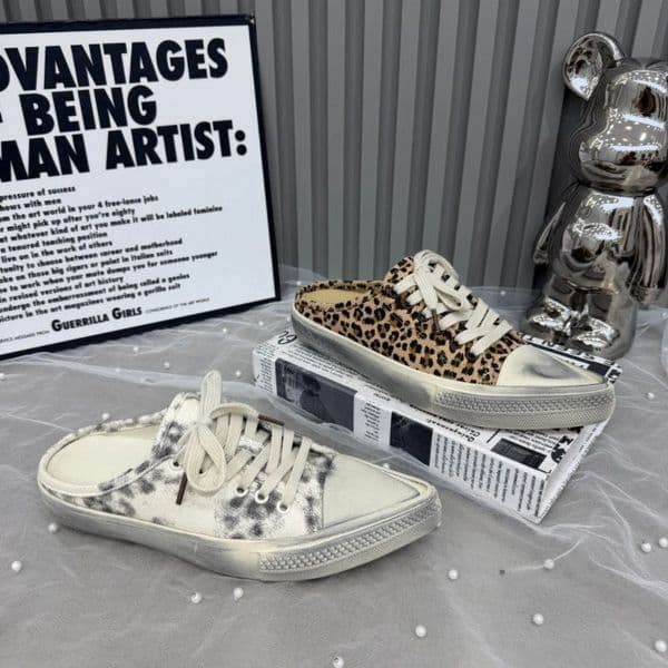 Designer Shoes Women's Leopard Print Cow Spot Print Canvas Mules - Vintage Washed Slip-On Sneakers Sandals, Casual Backless Flat Slippers, Fashion Low Top Canvas Shoes