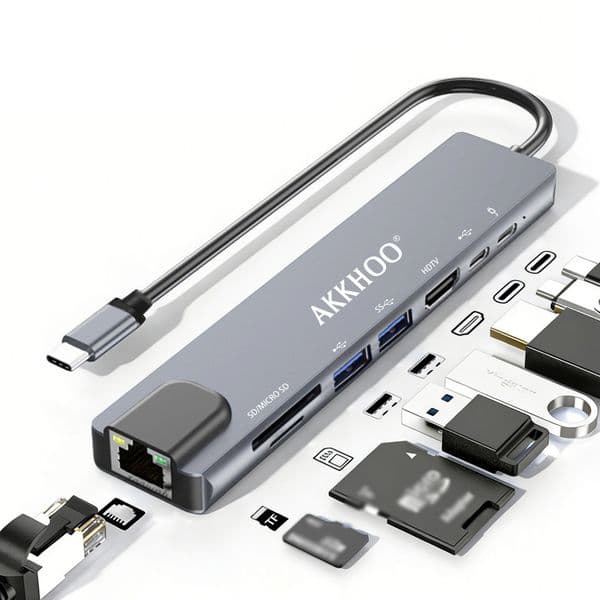 AKKHOO 8-in-1 Hub with 4K HDTV,100W PD,RJ45 Ethernet,SD/TF,USB 3.0/2.0,3.5mm,USB C Docking Station for MacBook Pro/Air