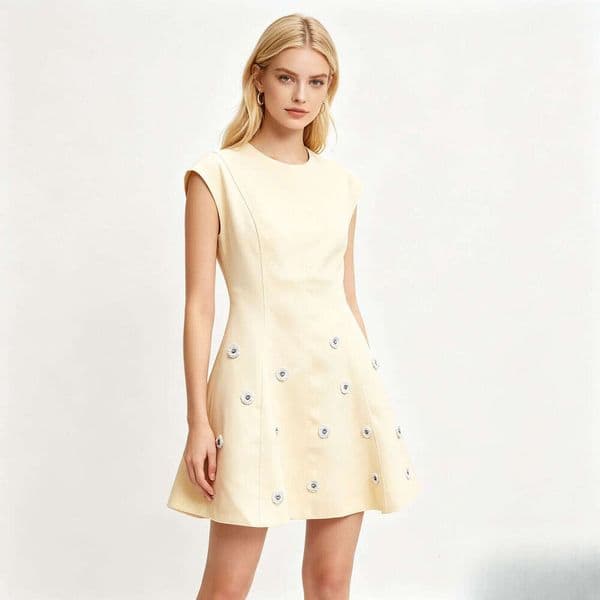 Designer's high-end women's summer new French style small fragrance round FC neck shiny A-line sleeveless dress X21 with sequins