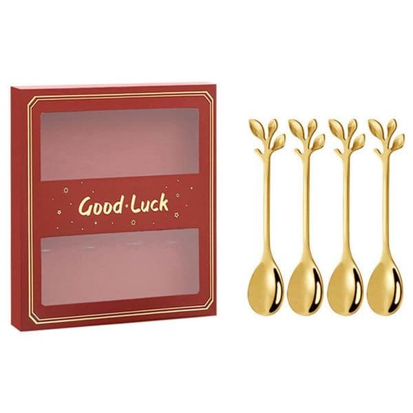 Stainless Steel Gold Silver Flower Leaf Coffee Spoon Set Dessert Spoons Stirring Mixing Sugar Stir Ice Cream Cake Teaspoon Christmas Wedding Gift Box HW0296