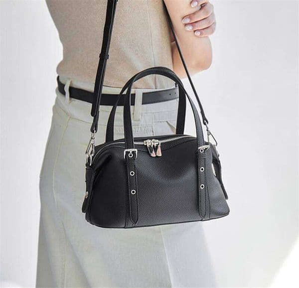BURMINSA Genuine Leather Boston Shoulder Bags For Women Luxury Cowhide Office Work Top-handle Purses Elegant Crossbody Handbags