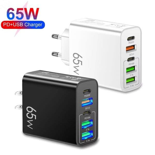 QC3.0 65W USB C Super Fast Charger Quick Charge 5 Ports USB A Type C PD 20W Cellphone Wall Charging Travel Power Adapter For iPhone 17 16 15 14 Samsung S26 S25 S24 Huawei