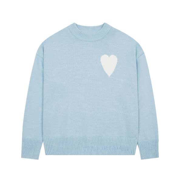 Light Blue Heart Sweater Unisex Loose Knit Crewneck Pullover Top
