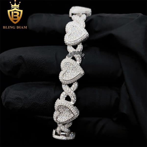 9mm 925 Sterling Silver VVS Moissanite Iced Out Cuban Link Love Heart Shape Bracelet Hip Hop Jewelry