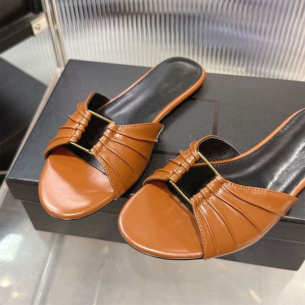 Womens Luxury Babylone Mules Sandals Pointed Toe Leather Slides NEW Flats Gold Buckle Comfort Flip Flops 1084
