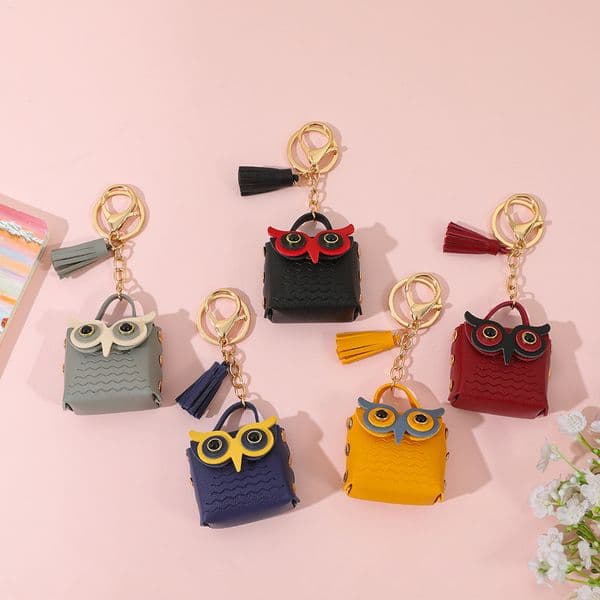 Cute Owl Mini Handbag Keychain PU Leather Tassel Key Ring Cartoon Bag Charm Pendant Earphone Storage Bag Key Holder Gift For Women Girls