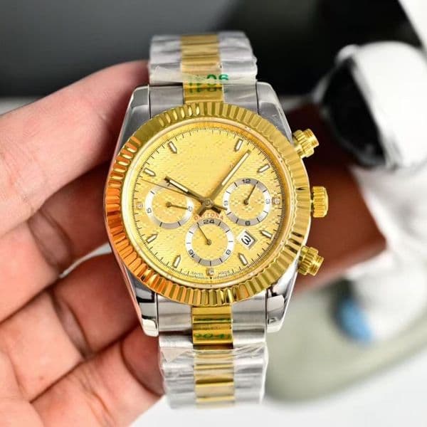 Luxury Style Automatic Chronograph Watch, Gold Tone Fluted Bezel, Two-Tone Stainless Steel Bracelet for Men